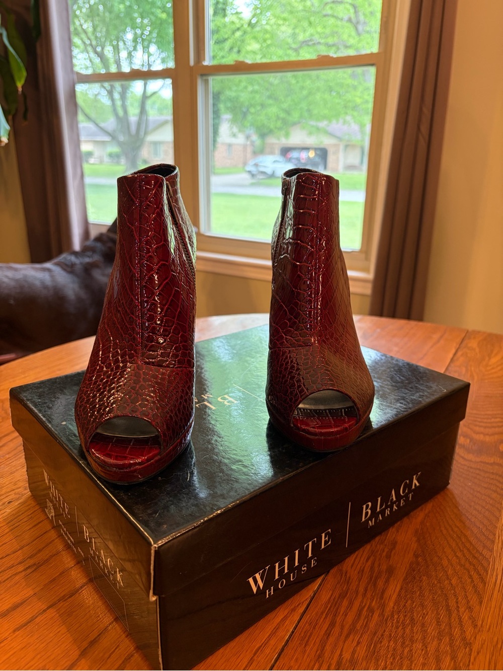 White House Black Market Burgundy Croc-Embossed Peep-Toe Booties - Picture 2 of 7